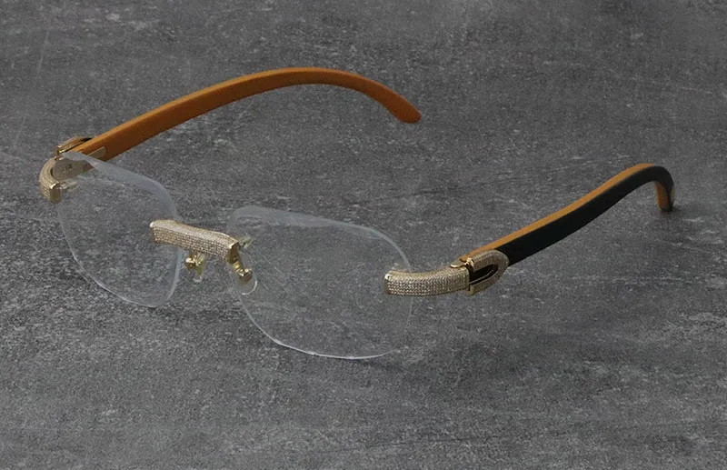 2022 Nuovo Nero Mix Bianco Montature in Corno di Bufalo Occhiali da Sole in Legno Senza Montatura con Diamanti incastonati Occhiali da Uomo Donna con Decorazione C Rocce_voghion.com