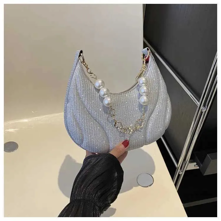 Sac à bandoulière simple en cuir PU pour femme avec chaîne en perles pailletées de couleur unie Ba241214_voghion.com