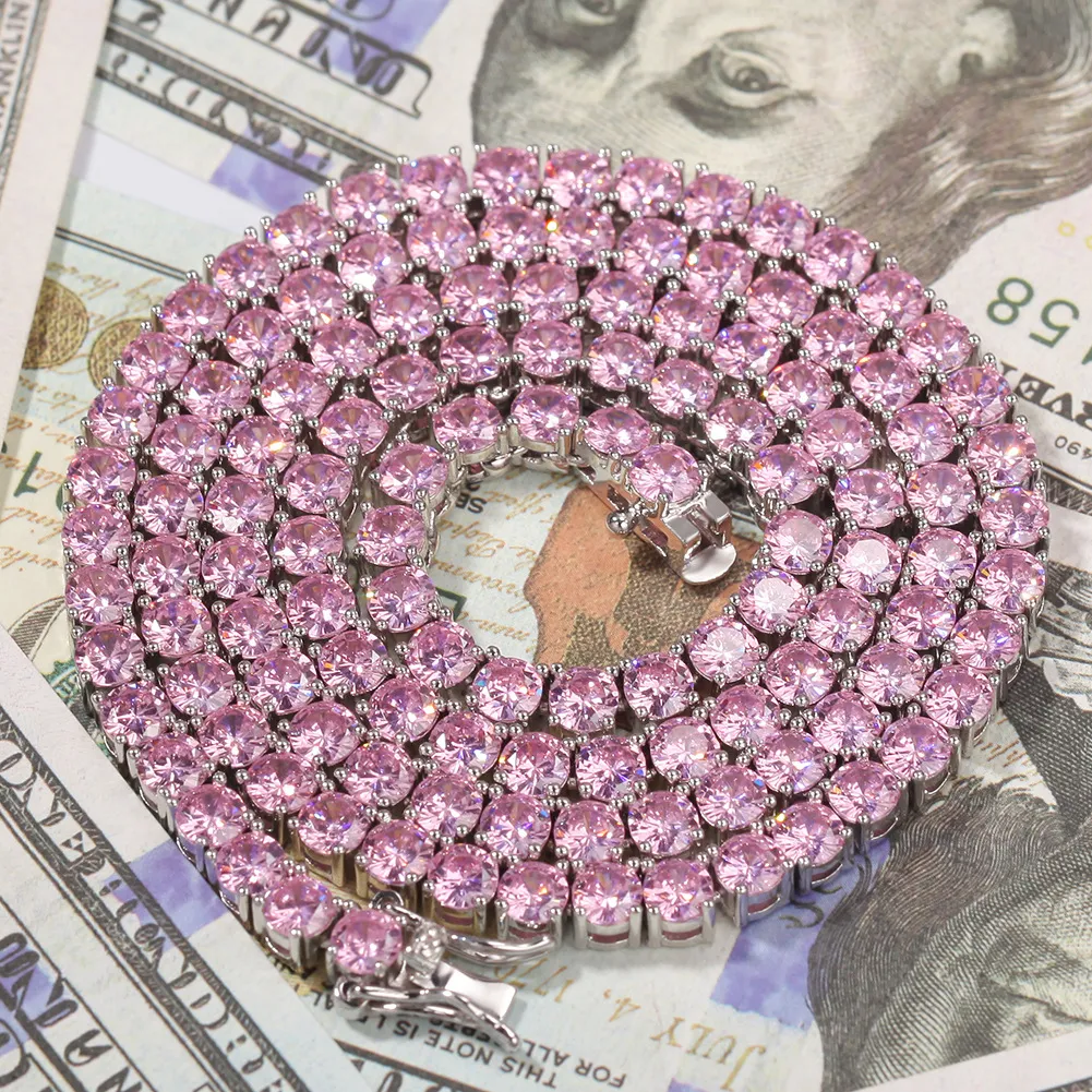 2024 Niedlicher junger Stil für Männer und Frauen, Durchmesser komplett vereist, 4 mm, benutzerdefinierte Farbe, Regenbogen, bunt, Zirkonia, Pink Cz, Tenniskette_voghion.com