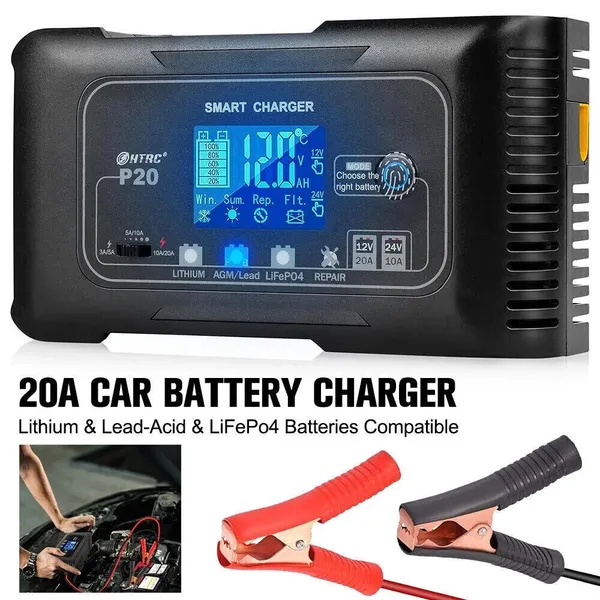 Chargeur intelligent pour batterie de voiture au lithium AGM GEL 12 V 24 V 10 A 20 A_voghion.com