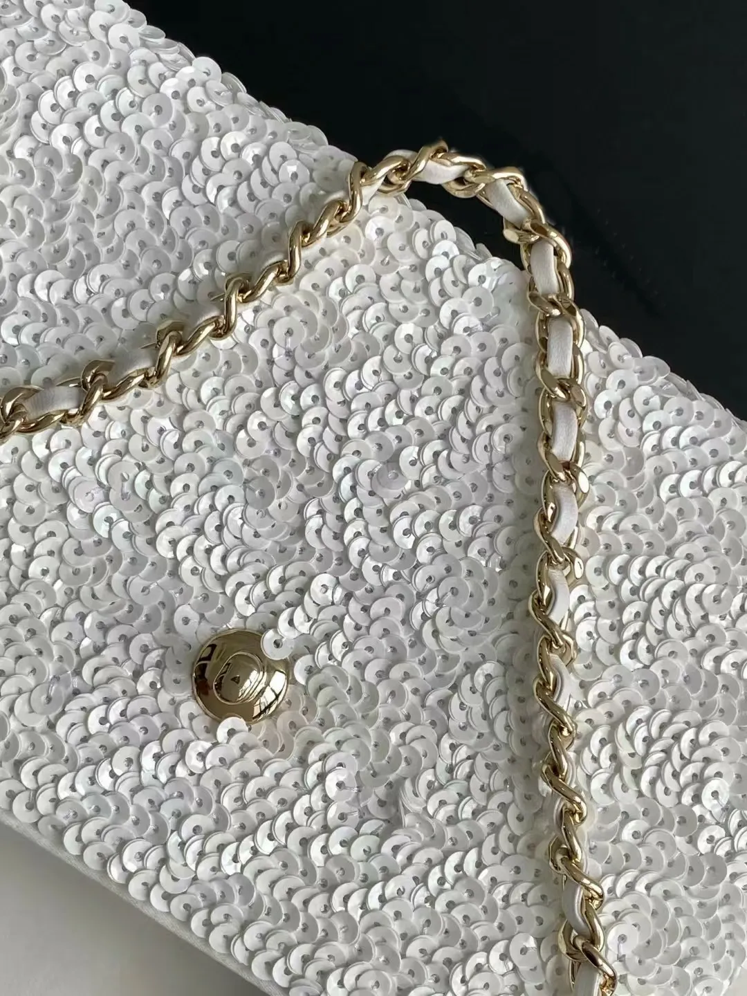 Elegant Pure White Sequin Evening With Calf Leather Lining And Sier Hardware, Designer Shoulder Bag For Women_voghion.com