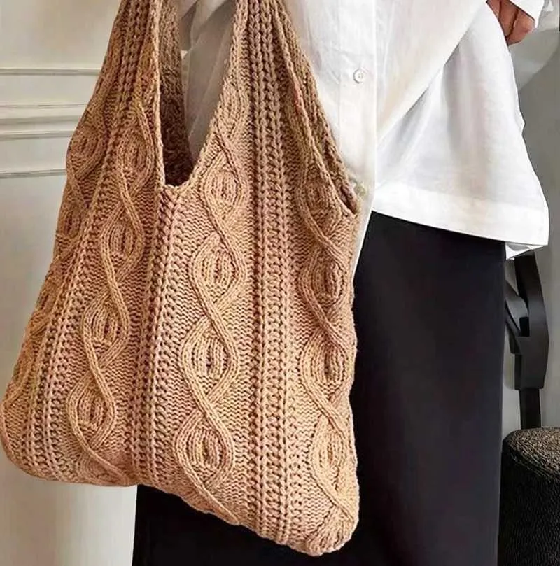 New Vintage Wool Knitted Hand Woven Shoulder Bag For Women Casual Shopping Handbag Large Capacity Female hetC241105_voghion.com