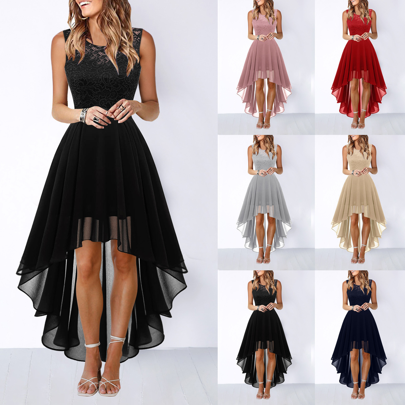 Robe de soirée en mousseline de soie, taille creuse, en dentelle, pour femmes