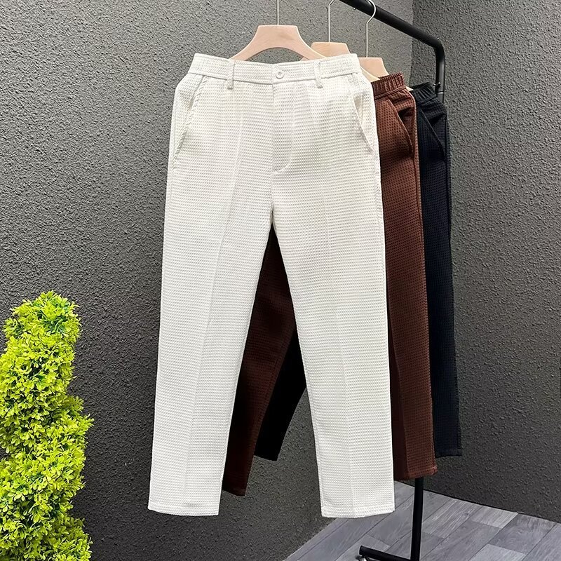 Vêtements pour hommes été pantalons pour hommes ins style gaufré pantalon décontracté haut de gamme beau mince droit neuf points pantalon