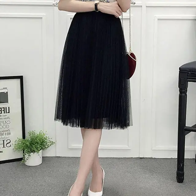 Venda quente elegante mulheres tule coreano moda malha a linha senhoras plissado verão chique cintura alta preto festa bonito babados saia_voghion.com