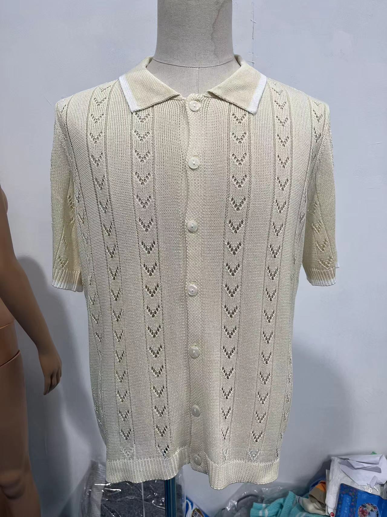 Men's Clothing Casual Knitted Solid Color Short Sleeved Splicing Hollow Breathable Tops_voghion.com