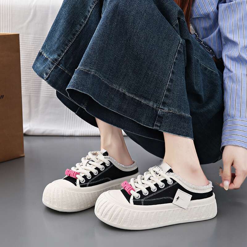 Women's Baotou Canvas Half Slip One Foot Lazy Thick Bottom Heel-less Board Shoes_voghion.com