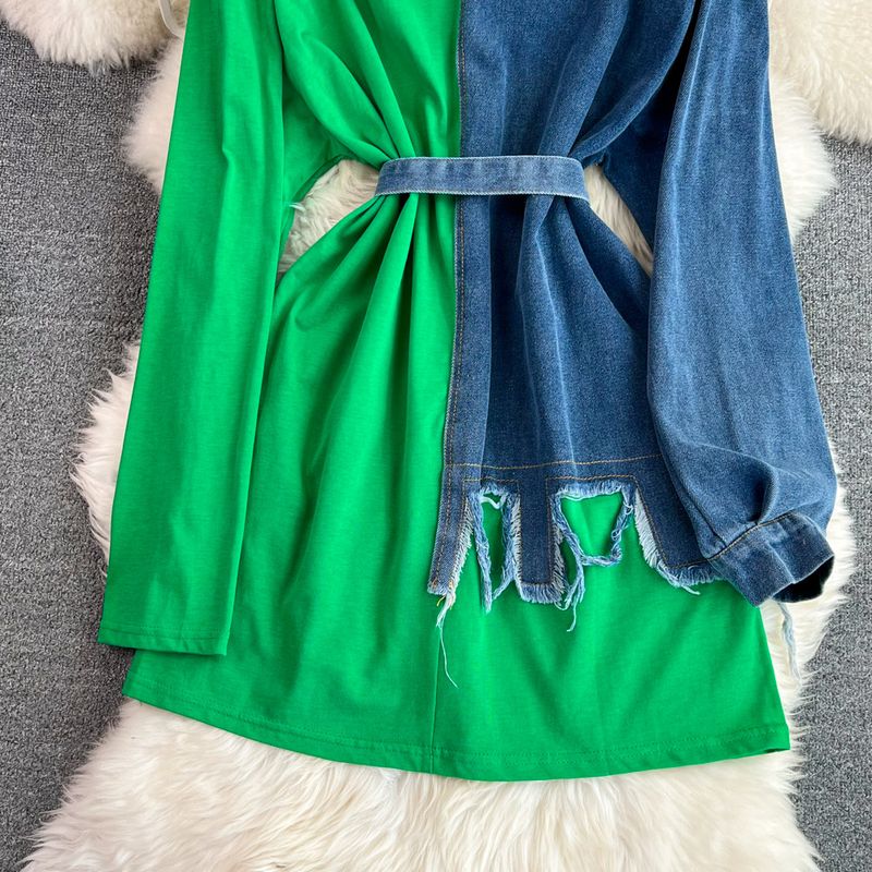 Damenbekleidung Temperament Taille mit Gürtel farblich passendes Denim lässiges mittellanges T-Shirt-Kleid_voghion.com