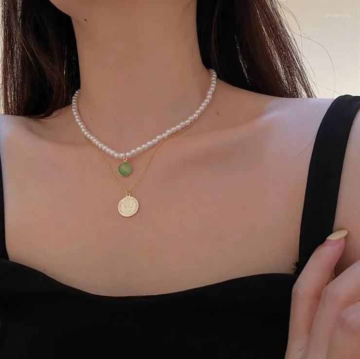 Hängshalsband 2 st/set Guldfärgad Pärla Mynt Grön Opal Halsband För Kvinnor Gotisk Kedja Dubbelskiktad Boho Halsband_voghion.com