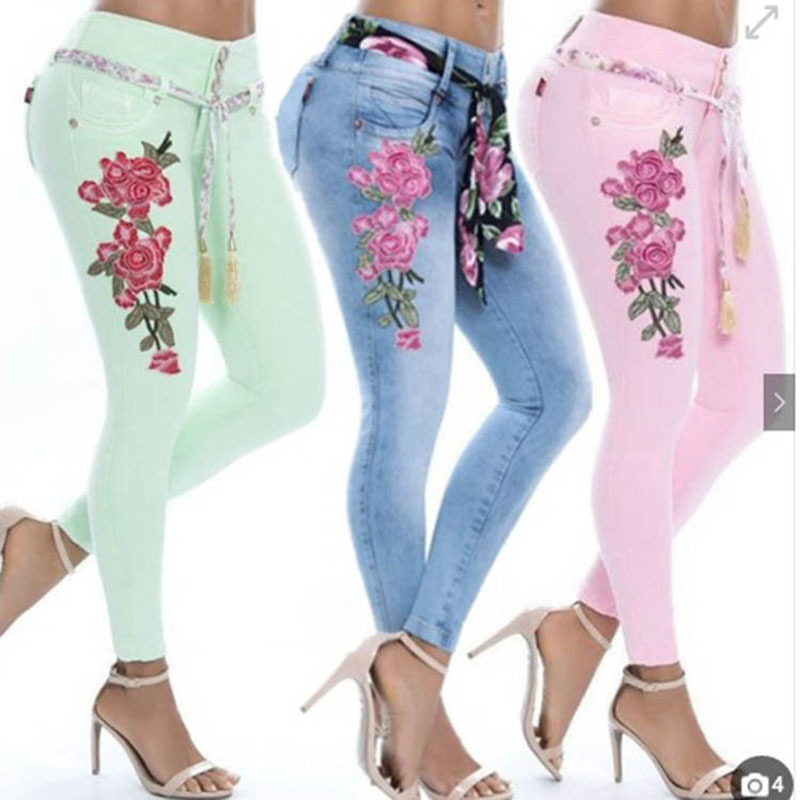 Jean brodé à haute élasticité pour femme, pantalon à petites jambes, grande taille_voghion.com