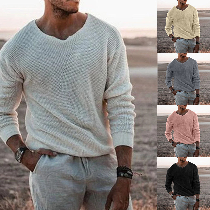 Fashionable knitted casual loose fitting sweater, V-neck long sleeved pullover, oversized men's clothing_voghion.com