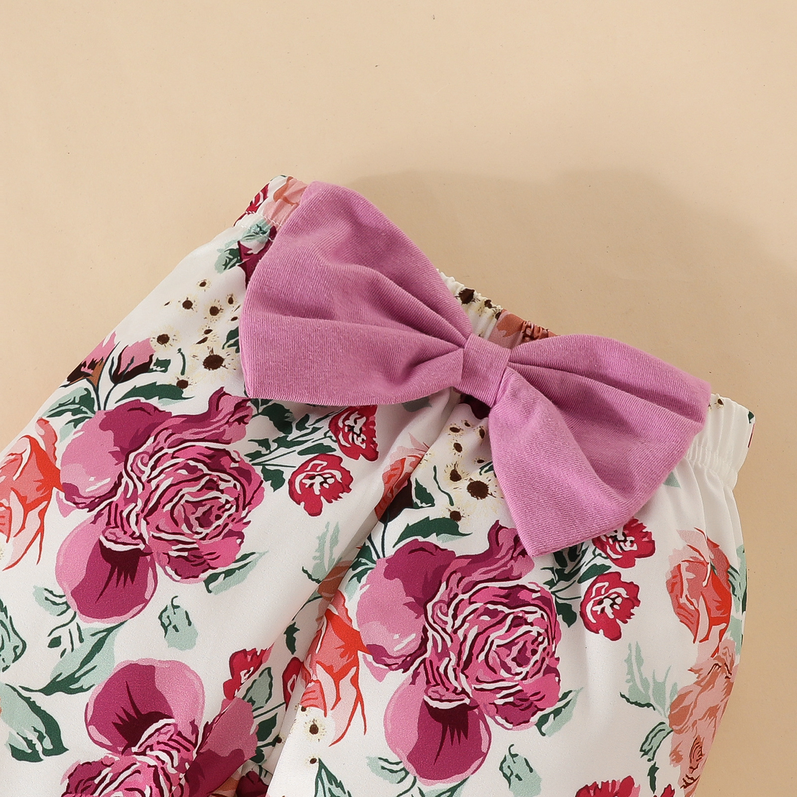 Mother & Kids Baby long-sleeved trousers four-piece set Newborn long-sleeved triangle romper flower bow flared trousers hat headband_voghion.com