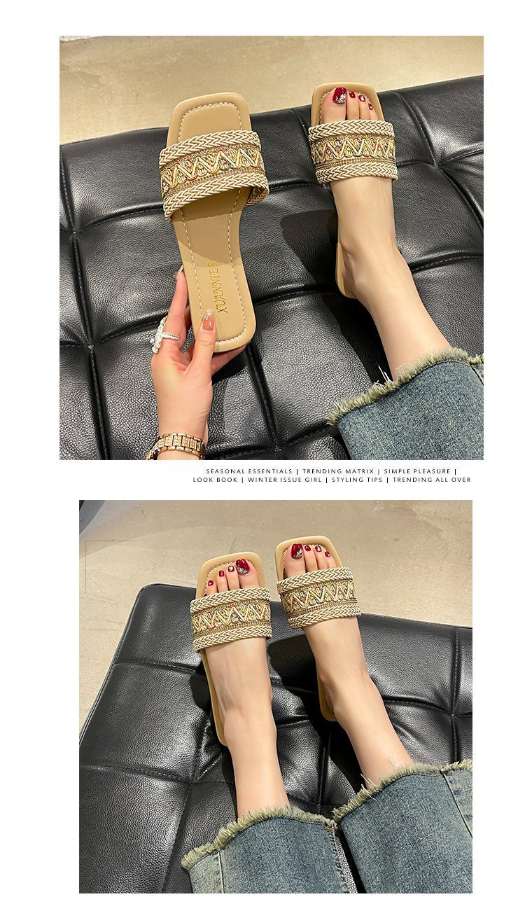 Große einzeilige Hausschuhe mit flacher Sohle für Damen im ethnischen Stil, gewebte Strandsandalen mit quadratischer Zehenpartie_voghion.com
