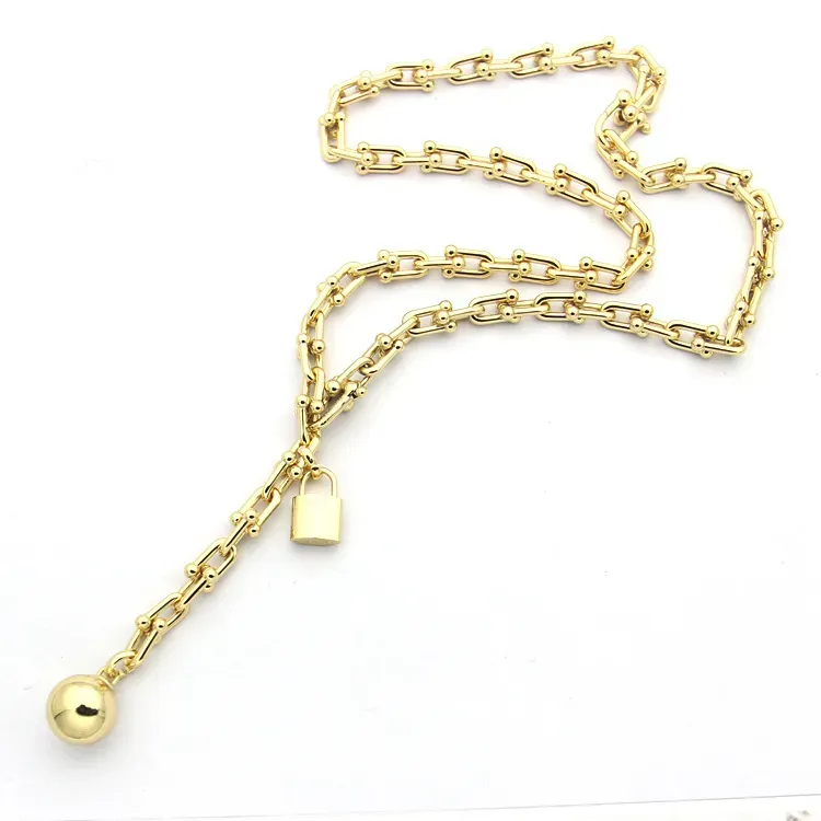 Designer-Halskette für Damen aus Titanstahl, Buchstabe T, vergoldet, U-förmige Kette, dicke Halsketten mit Schlossperlenanhänger_voghion.com