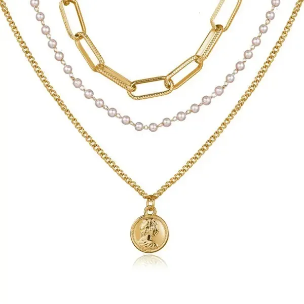 Collana in lega vintage creativa multistrato con catena di perle e timbro ritratto_voghion.com