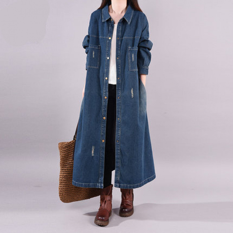 ​​Vintage Washed Denim Shirt Dress For Women – Oversized Long Boho Tunic With Polo Collar (Blue/Black, Plus Size L/Xl)​​