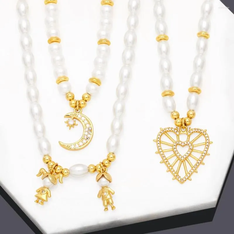 Anhänger Halsketten Flola Statement Weiße Perlenkette für Frauen Kupfer Zirkon Junge Mädchen Herz Vergoldeter Schmuck_voghion.com