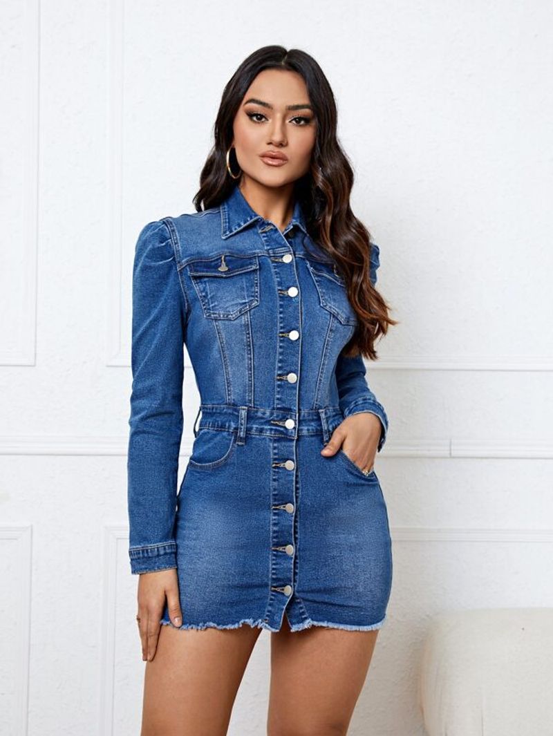 sexy fashionable women's long sleeved Waist and hip slimming jumpsuit denim skirt_voghion.com