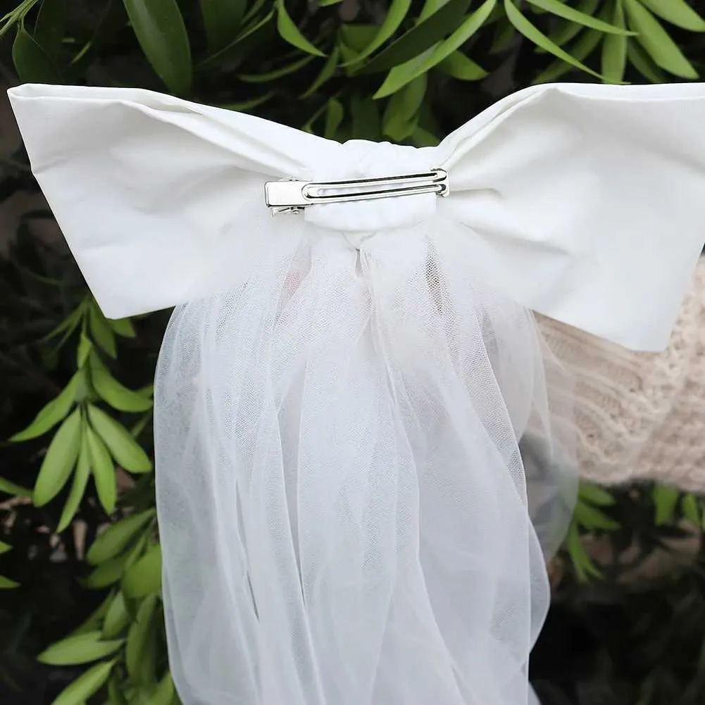 Voile de mariée court en tulle à double couche, couleur unie, avec clip et ruban, pour femme_voghion.com