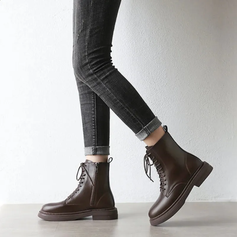 Womens leather short combat platform brown womens ankle punk style lace elegant low boots 240911_ecoleips.com
