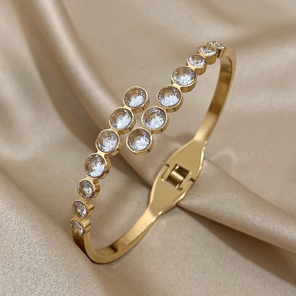 Pulsera de acero inoxidable con incrustaciones de circonita y cuentas redondas para mujer, brazalete de color dorado y plateado_voghion.com