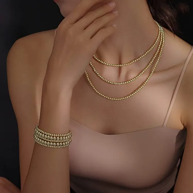 High Quality Hematite For Women Easy Wear 14K Gold Plated Bead Ball Stretchy Elastic Bracelet_voghion.com