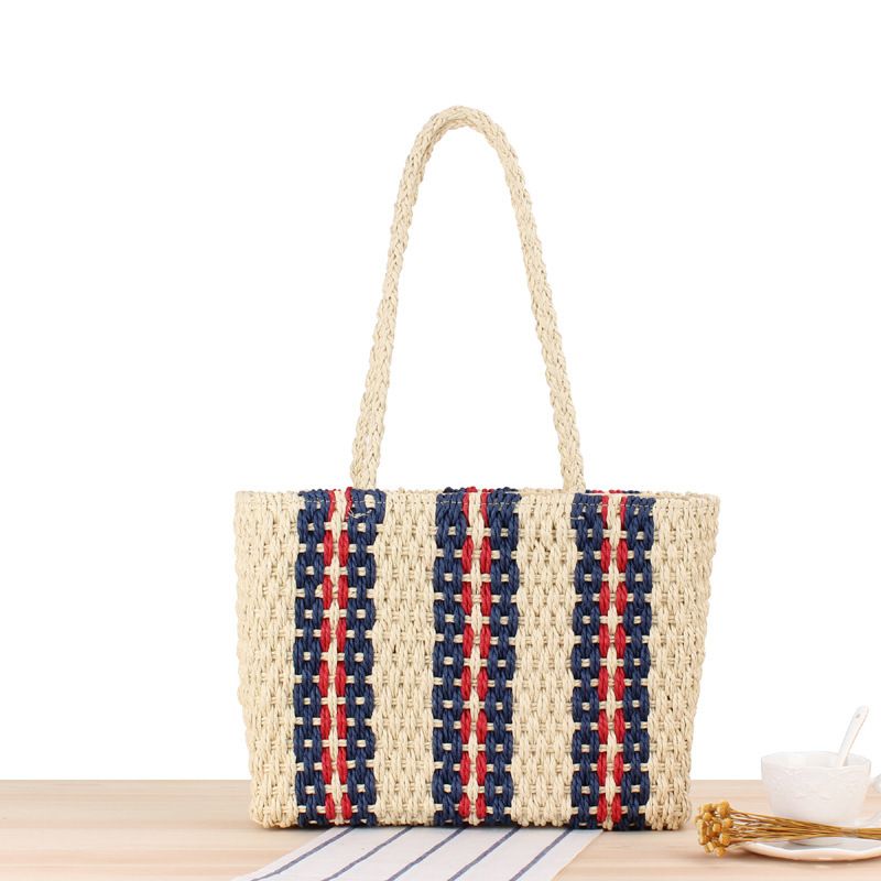 Neue vertikal gestreifte Tasche aus Grasgewebe mit einer Schulter, modische Damentasche, geeignet für Sommerferien,_voghion.com