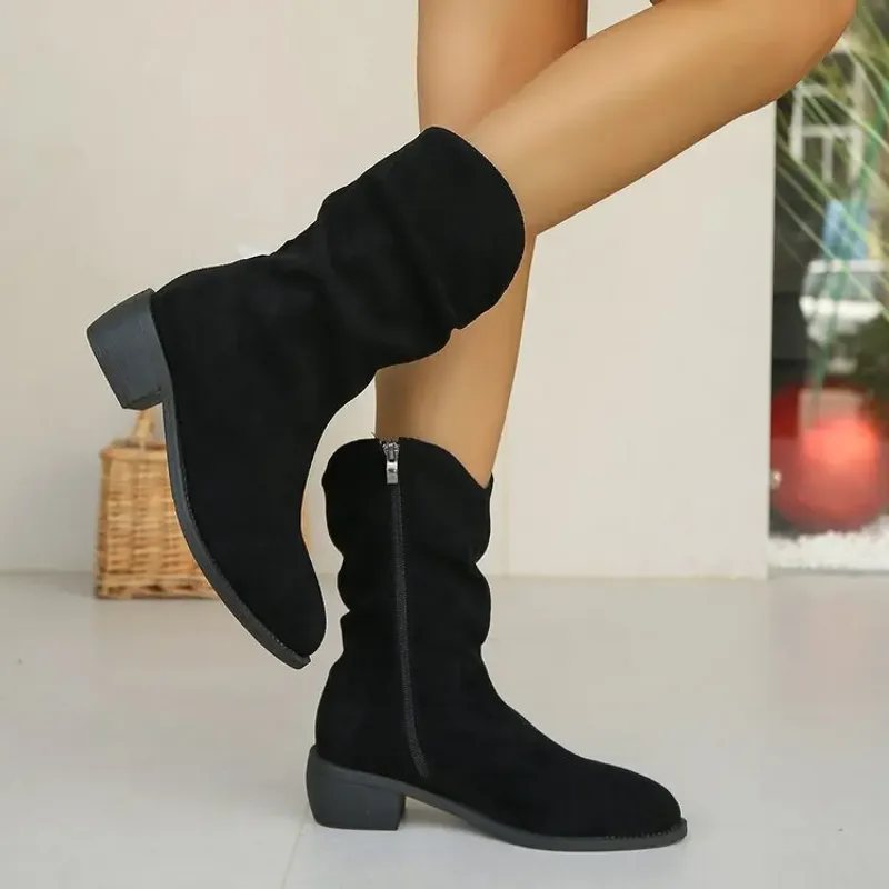 Retro Women Western Cowgirl Fashion Pointed Toe Shoes Autumn Winter Low Heel Ladies Knight Mid Calf Boots Botas De Mujer_voghion.com