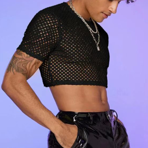 intimo sexy leggermente trasparente da uomo, design maschile, maglia cava, manica corta, moda corta, t-shirt, abbigliamento maschile_voghion.com