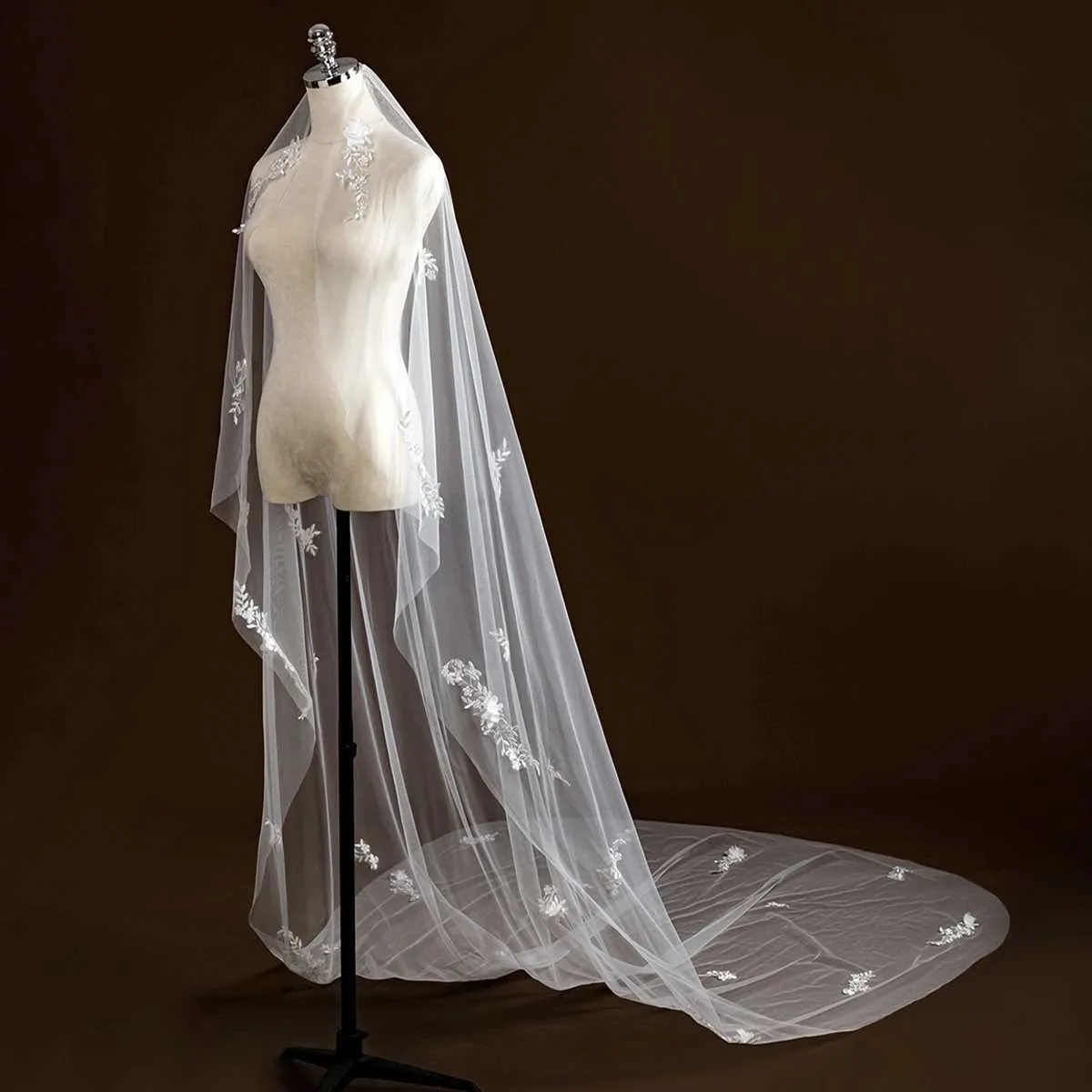 Gioielli per capelli, elegante velo da sposa con perline in pizzo, fiore 3D, lungo, cattedrale, morbido, illusione, con pettine, accessori per la sposa._voghion.com