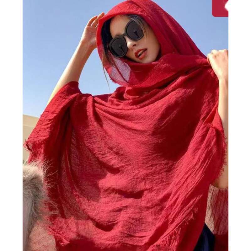 Ethnic Style Desert Tourism Photo Taking Big With Cloth Bag, Red Northwest Sun Protection Shawl, Cotton And Linen Scarf_voghion.com