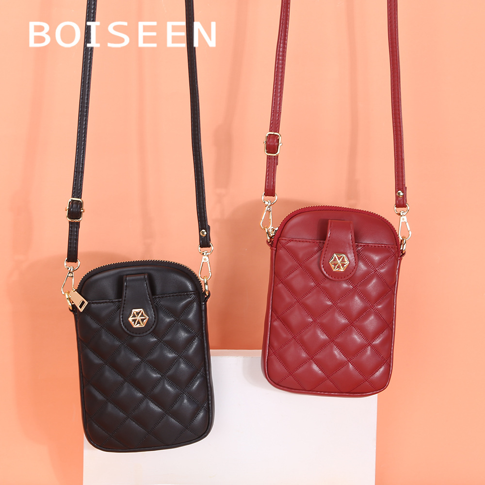 BOISEEN New Mobile Phone Bag Women's European and American Rhombic Large Capacity Single-shoulder Crossbody Women's Bag Vertical Soft Leather Coin Pur_voghion.com