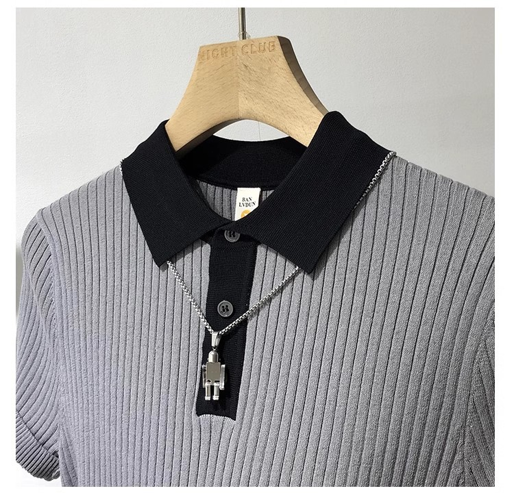 Herrenbekleidung Gestreiftes, kontrastfarbenes, kurzärmliges Poloshirt aus Strick für Herren, neue Sommerkleidung, hochwertiges, lässiges, atmungsaktives Revers-T-Shirt_voghion.com