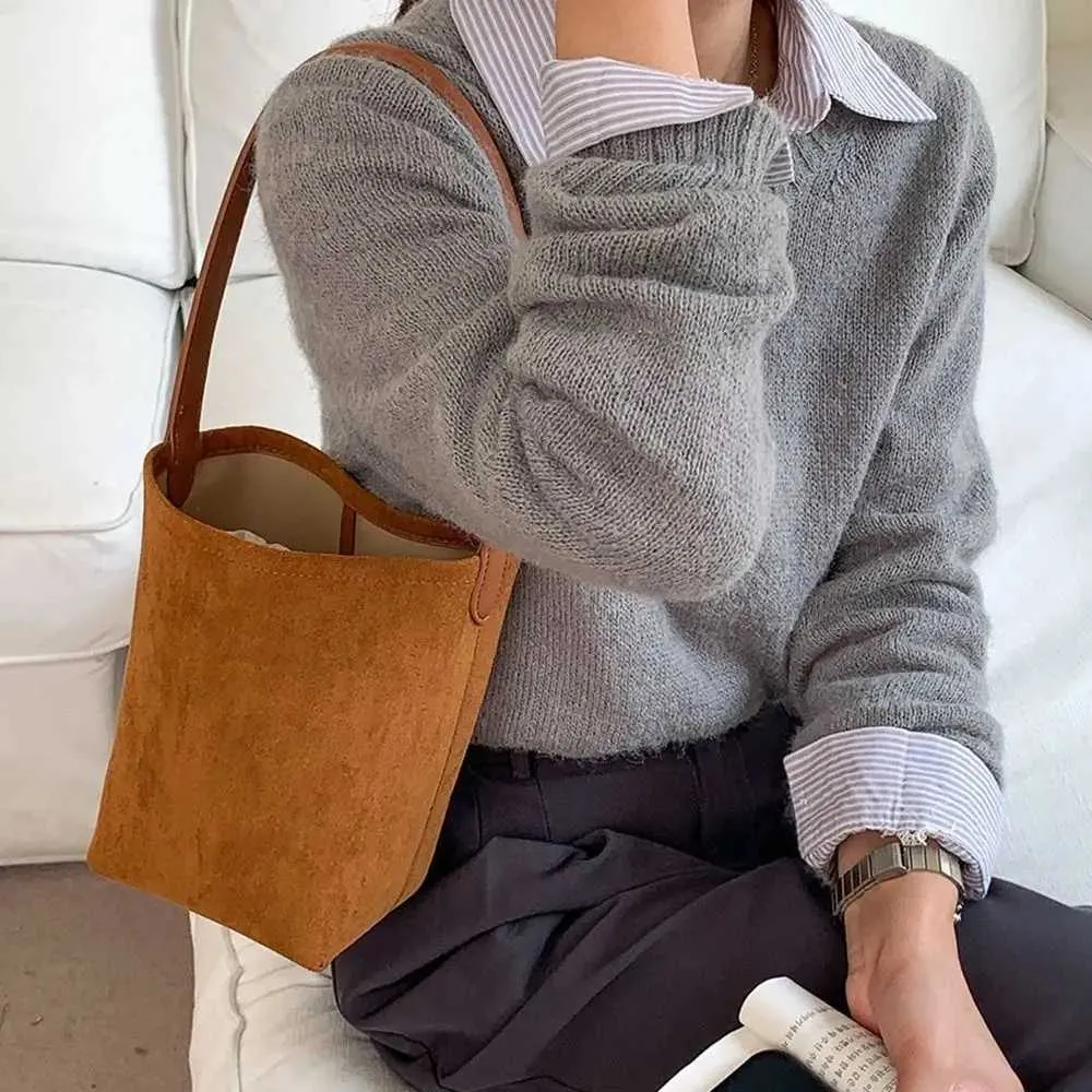 Designer-Tasche Retro Wildleder Eimer einfarbig Handtasche matt PU Leder Schulter koreanische Brieftasche Unterarmtasche für Mädchen_voghion.com