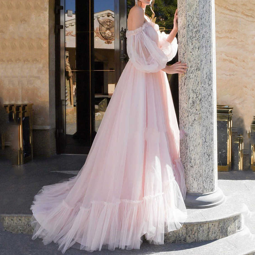 Women's line shoulder gauze long wedding dress swing dress_voghion.com