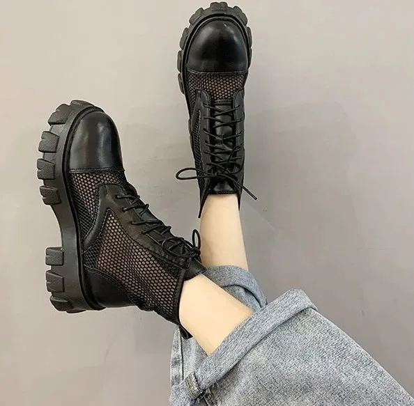 Booties Kurze Schuhe für Damen Punk Style Schwarze Biker Schnürschuhe Leder mit Schnürsenkeln Combat Damen Stiefeletten_voghion.com