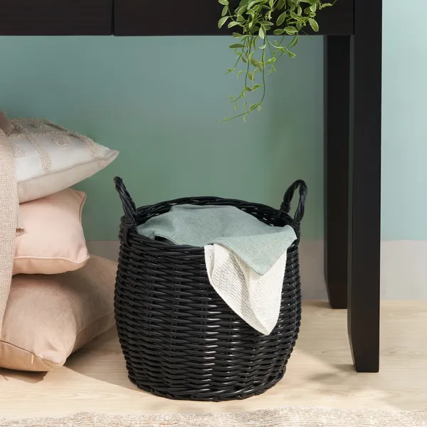 Lucius Round Resin Woven Wicker Basket With Handles - 13' X 13' X 13' - Black - For Clothes, Towels, Toys, Magazines Storage And Home Decoration_voghion.com