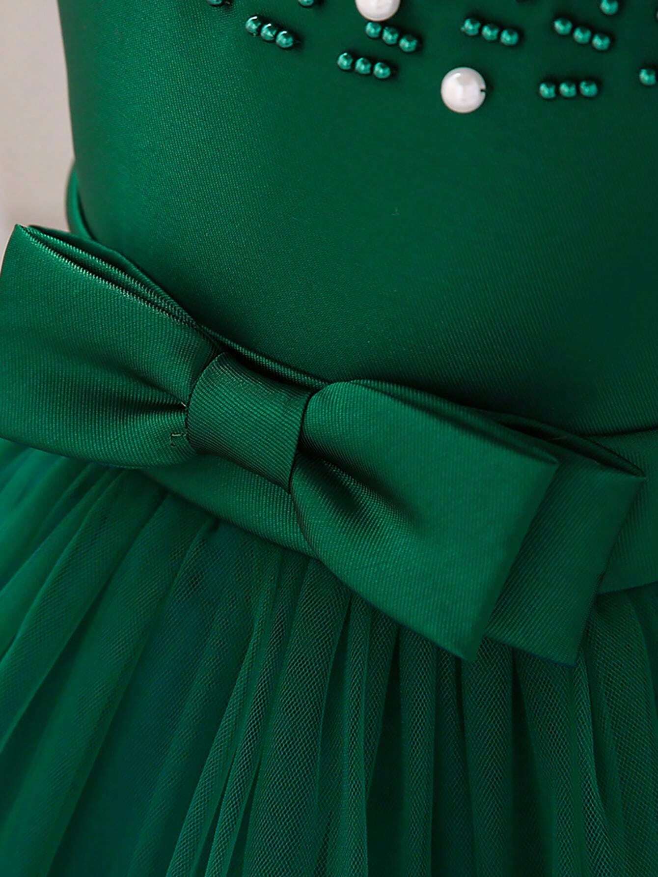 Girls Sleeveless Solid Color Bow Mesh Satin Puff Skirt Dress, Elegant Formal Party Wear Without Hair Accessories_voghion.com