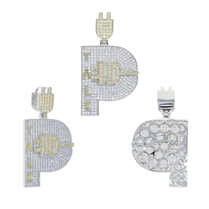 Chaînes Plaqué Or Hip Hop Hommes Bijoux Micro Pave Iced Out Bling Cubique Zircone Pavé Lettre P Forme Talk Plug Pendentif_voghion.com