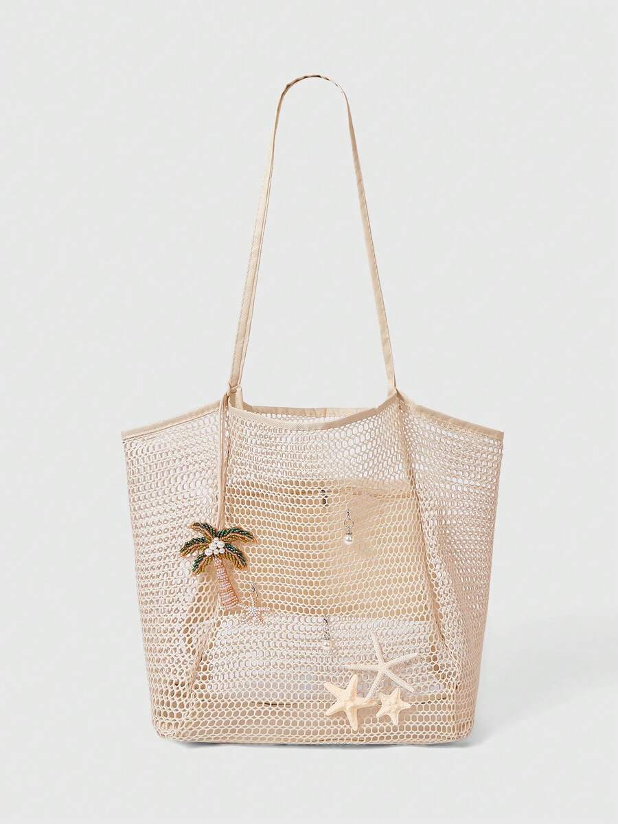 Woven Mesh Tote Bag With Floral Decoration Large Shoulder Tote_voghion.com