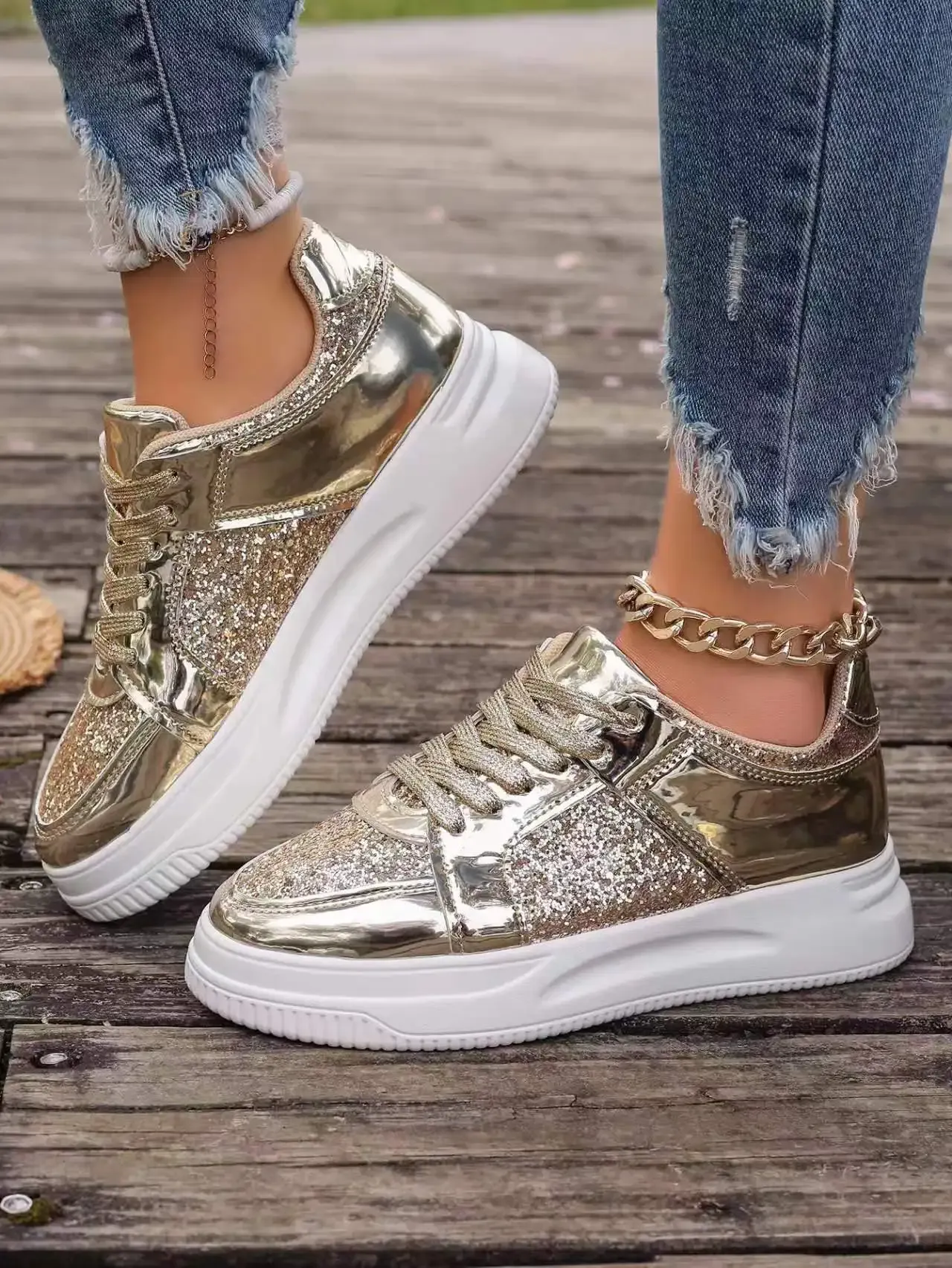 Women's Gold Sequins Platform Sneakers Autumn Fashion Casual Sports Thick Bottom Vulcanized Woman Flats Heels Shoes_voghion.com