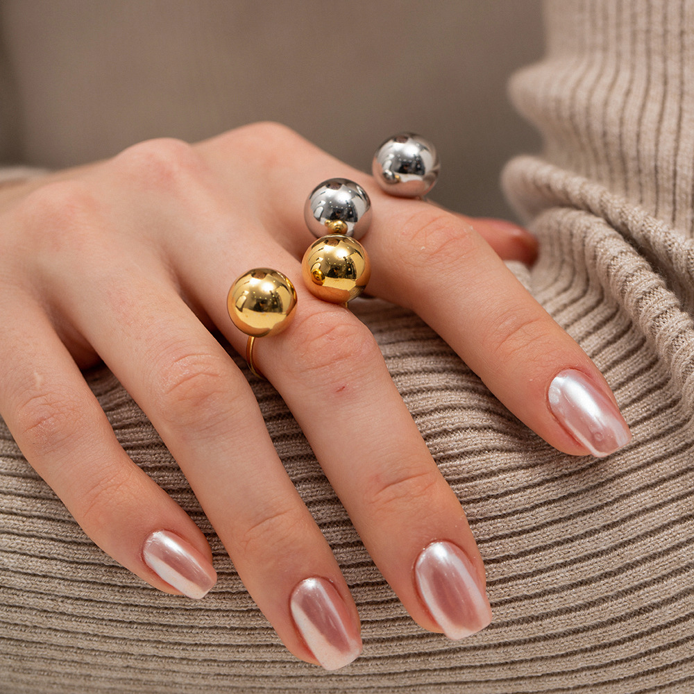 ne se décolore pas Bague d'ouverture à double bille en acier inoxydable 2023 Bijoux tendance de personnalité de la mode