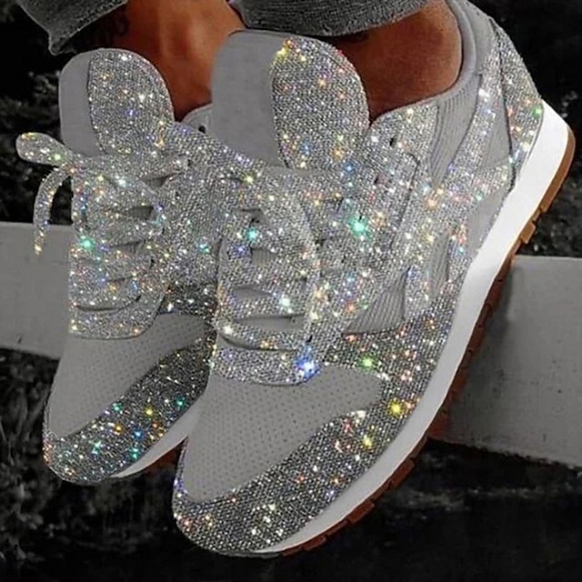 New Women Athletic Shoes Sequins Plus Size Bling Sneakers Outdoor Flat Heel Round Toe Sport Casual Walking Shoes C0130