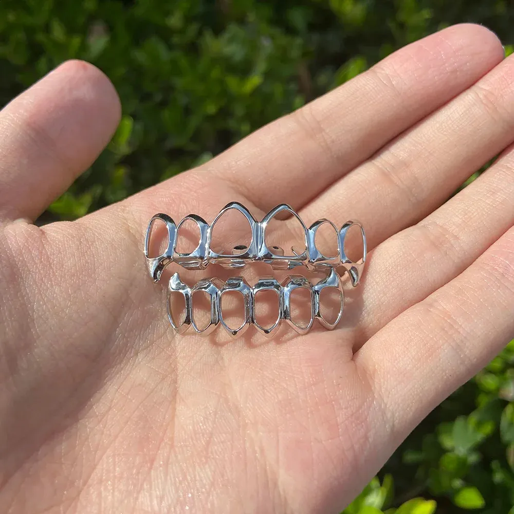 RACHELZ Fashion 6/6 Denti completamente cavi 14K placcati oro Dentiere Decor Bretelle Zanne Griglie dentali per uomo Donna Gioielli_voghion.com