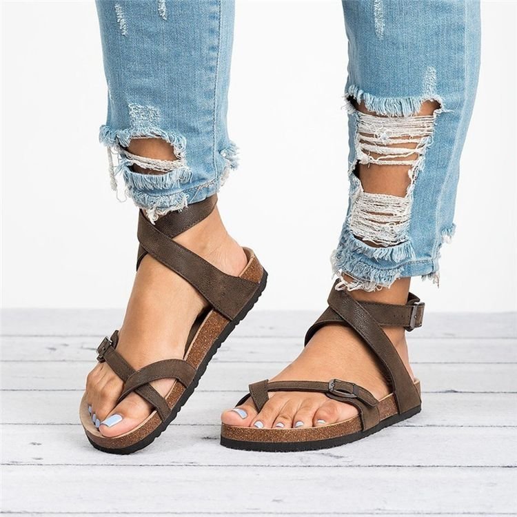 Damenschuhe Sommer Große Sandalen Korkboden Römische Zehenpartie Gürtelschnalle Wickelsandalen Für Damen_voghion.com