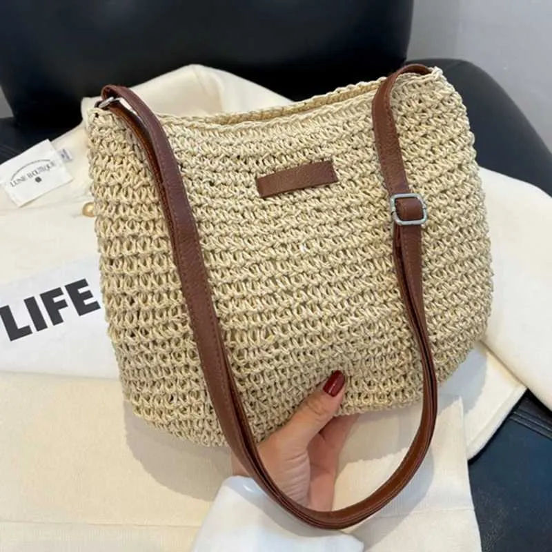 Sac à bandoulière tissé en paille pour l'été, sac à main de grande capacité pour les vacances à la plage, le shopping, les messages_voghion.com