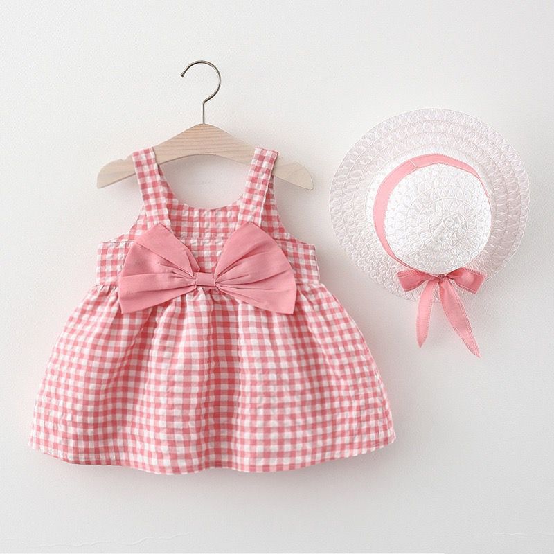Sweet Baby Girl Tank Dress Fashion Checkered Pattern Dress Sleeveless Bow Dress Send Hat_voghion.com