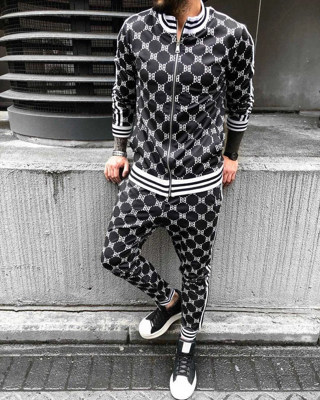 Uomo Tracuits uomo tracuit Sets Moda Plaid Giacca maschile + Pantaloni Set 2 pezzi Tuta sportiva Autunno Stampa 3D di alta qualità_voghion.com