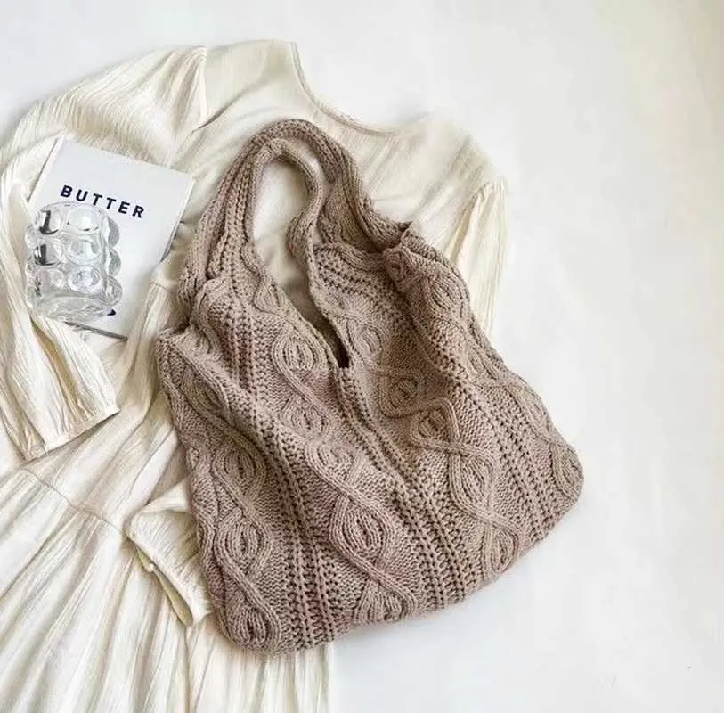 New Vintage Wool Knitted Hand Woven Shoulder Bag For Women Casual Shopping Handbag Large Capacity Female hetC241105_voghion.com