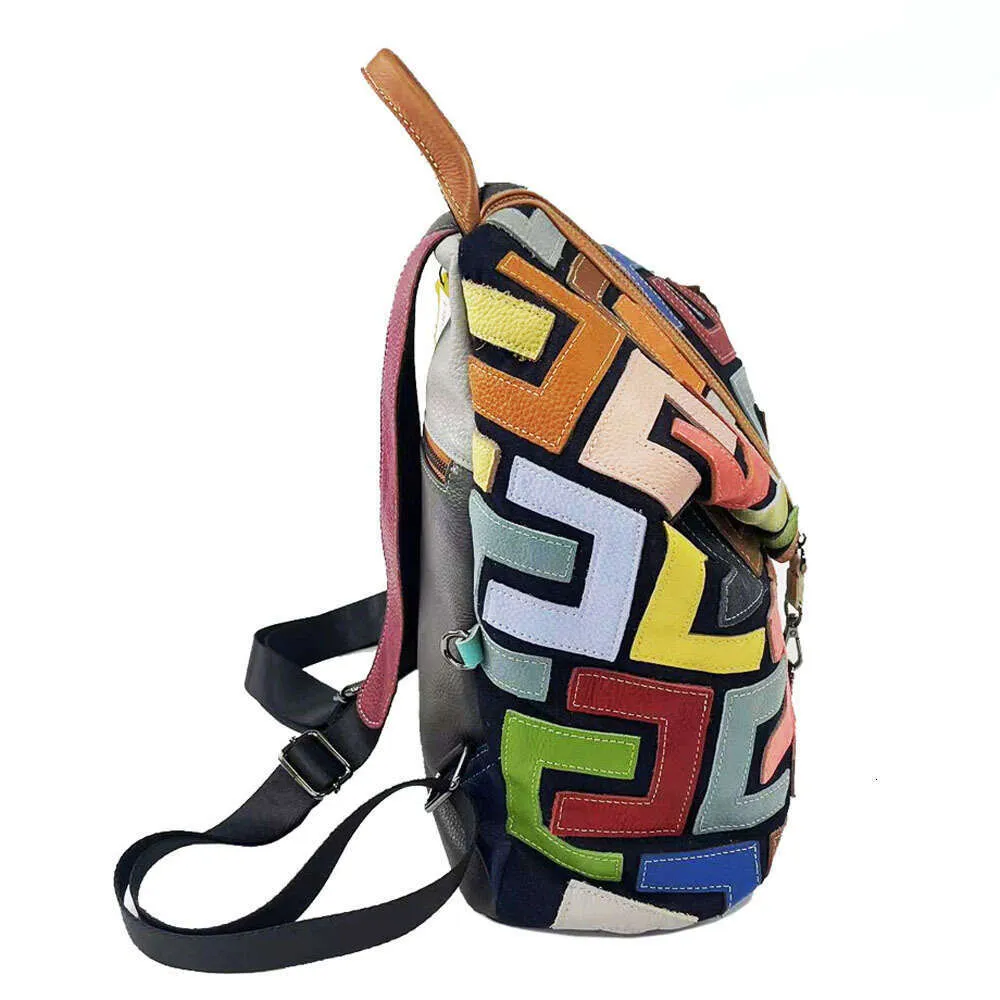 Vintage Lederrucksack Für Damen Bunter Patchwork Reise Rucksack_voghion.com